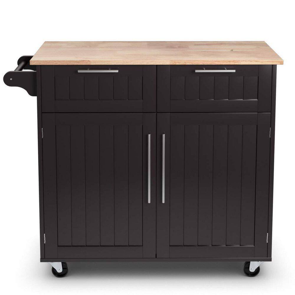 37 in. W Heavy Duty Brown Rolling Kitchen Cart with Butcher Block Top and Double-Drawer Storage