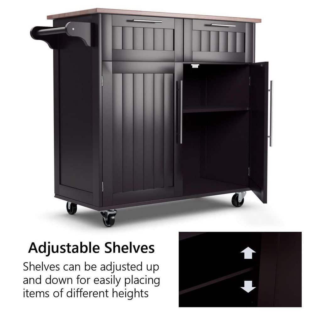 37 in. W Heavy Duty Brown Rolling Kitchen Cart with Butcher Block Top and Double-Drawer Storage