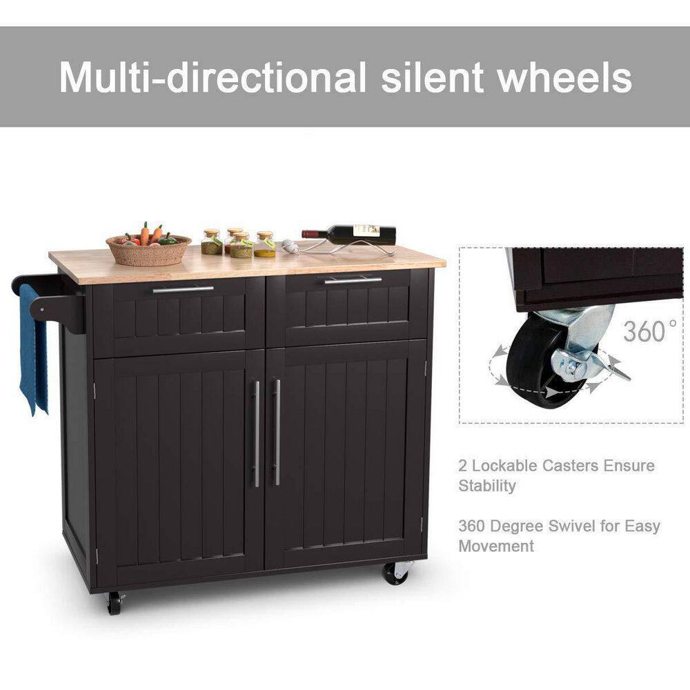 37 in. W Heavy Duty Brown Rolling Kitchen Cart with Butcher Block Top and Double-Drawer Storage