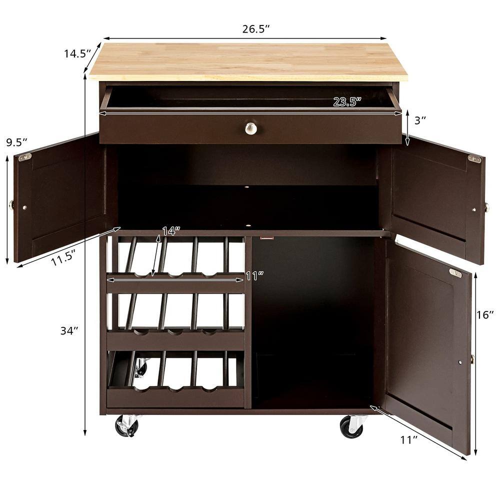 Brown Wooden Rolling Kitchen Cart with 3-Tier Wine Racks and 2-Cabinets