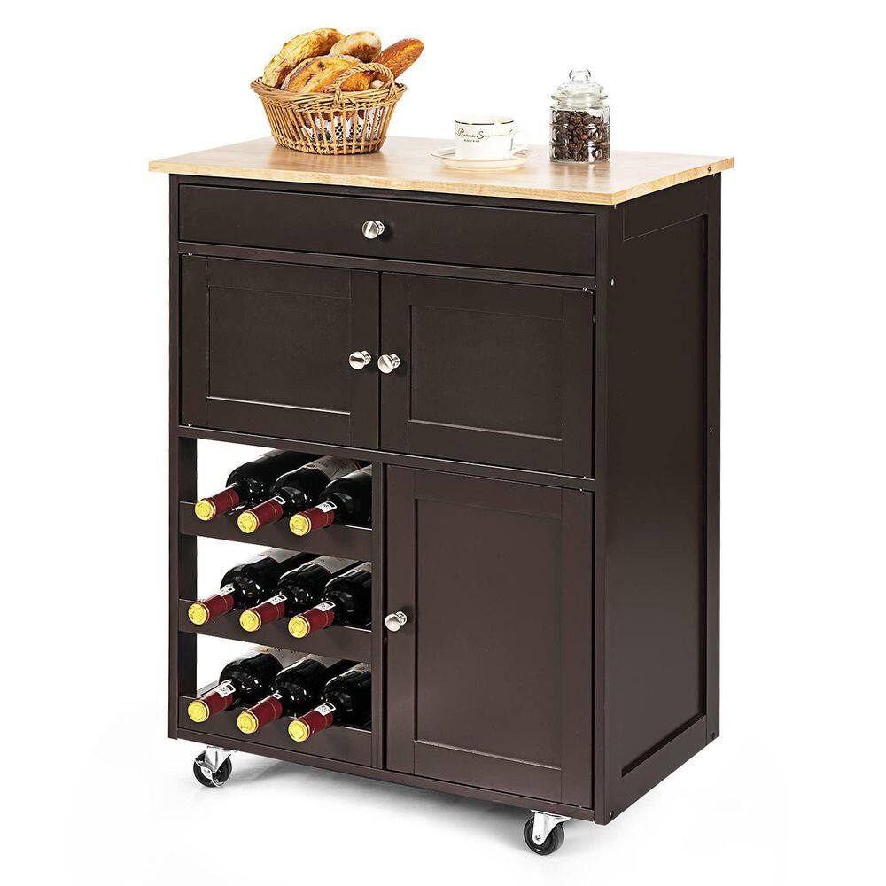 Brown Wooden Rolling Kitchen Cart with 3-Tier Wine Racks and 2-Cabinets