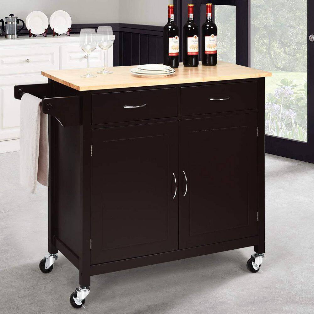 Brown Wooden Rolling Kitchen Cart with Wood Counter Top