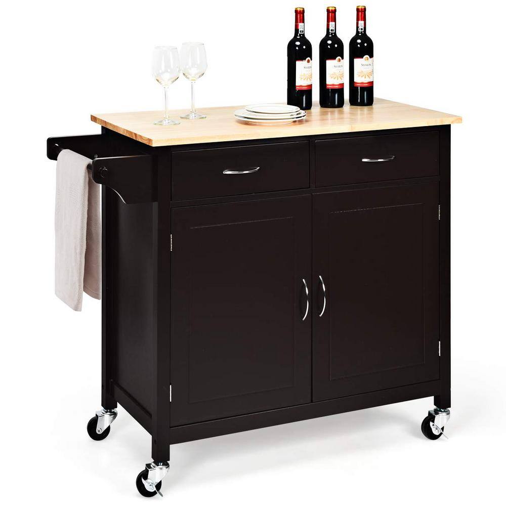 Brown Wooden Rolling Kitchen Cart with Wood Counter Top