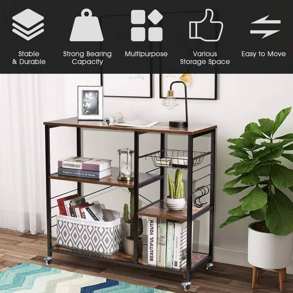 Metal Frame Brown Engineered Wood Shelf Rolling Kitchen Cart Baker's Storage Shelf