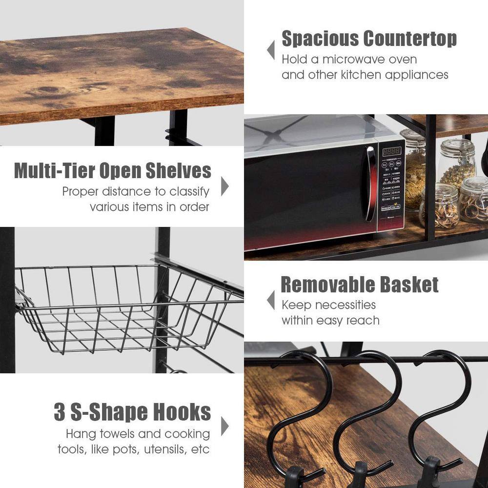 Metal Frame Brown Engineered Wood Shelf Rolling Kitchen Cart Baker's Storage Shelf