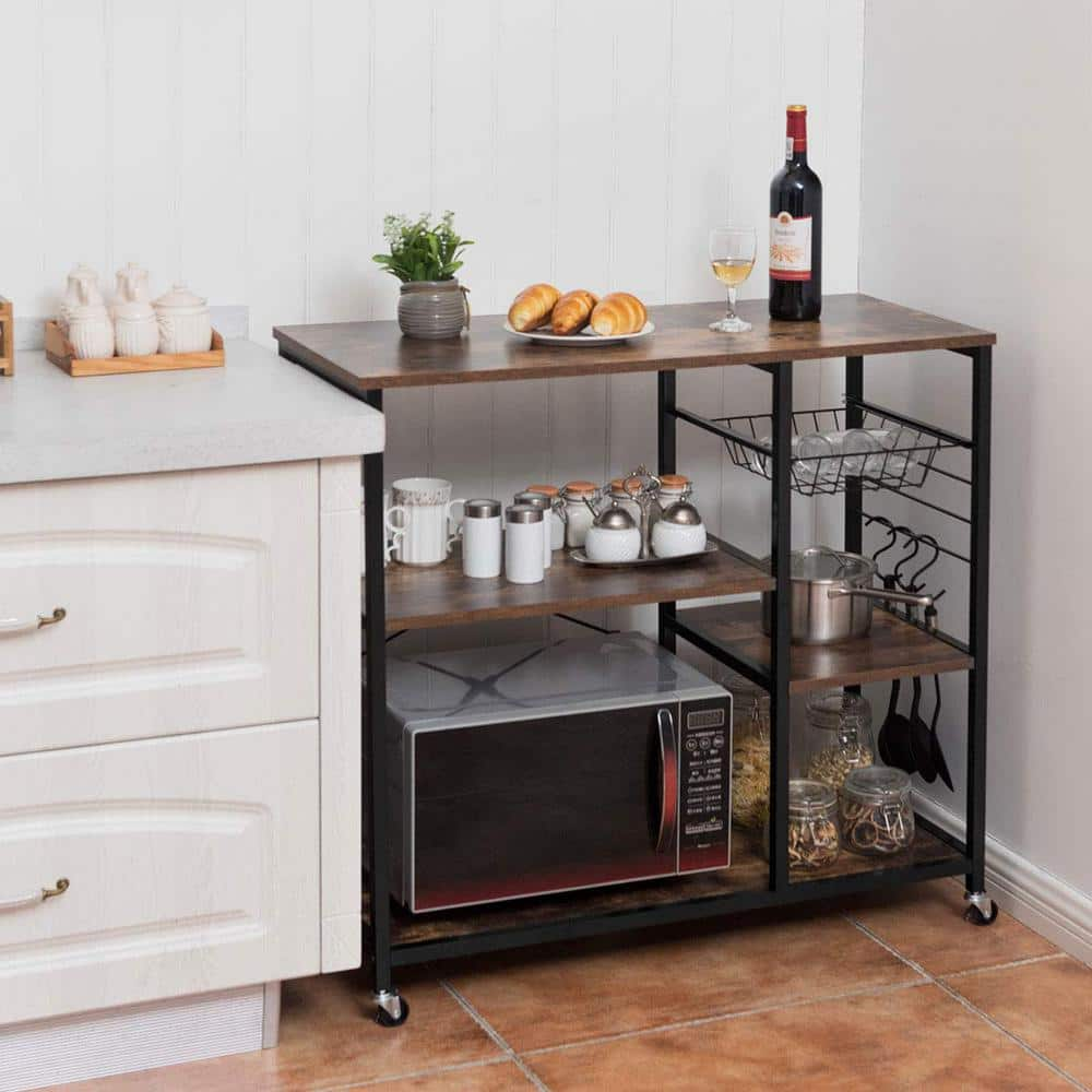 Metal Frame Brown Engineered Wood Shelf Rolling Kitchen Cart Baker's Storage Shelf