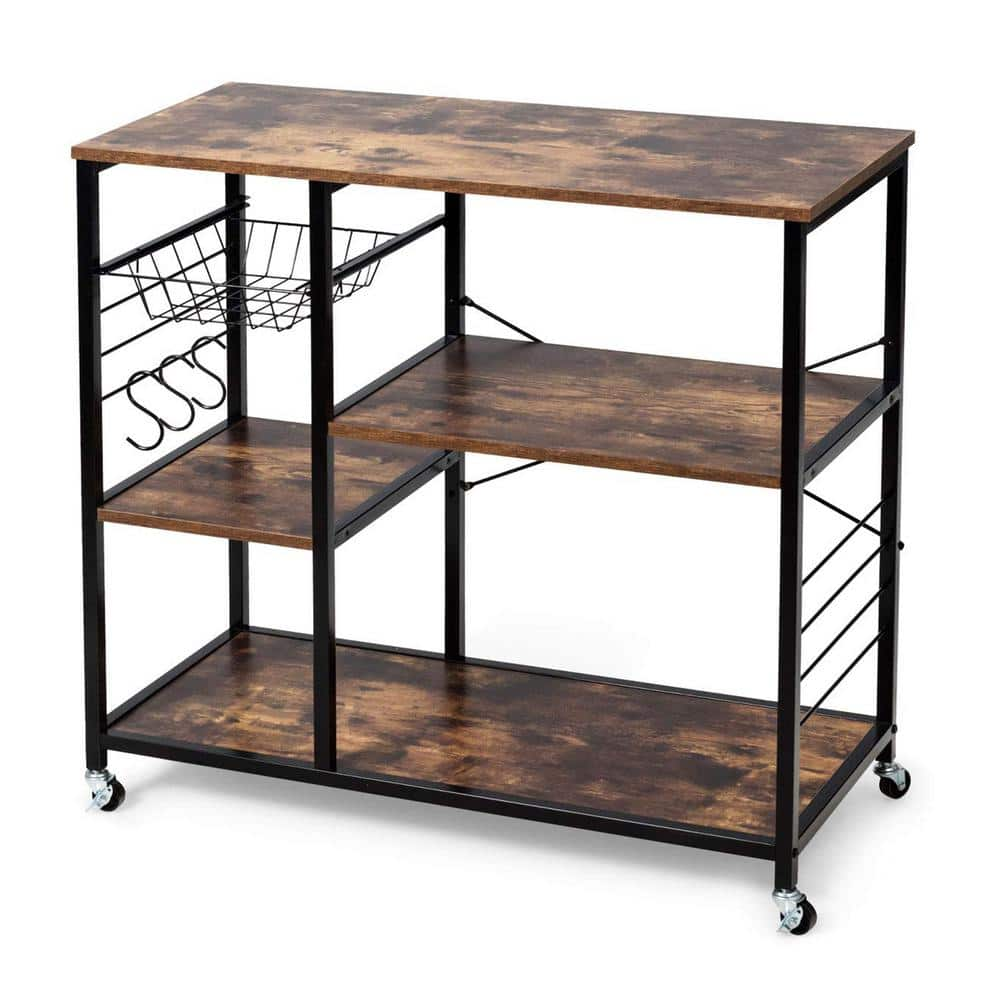 Metal Frame Brown Engineered Wood Shelf Rolling Kitchen Cart Baker's Storage Shelf