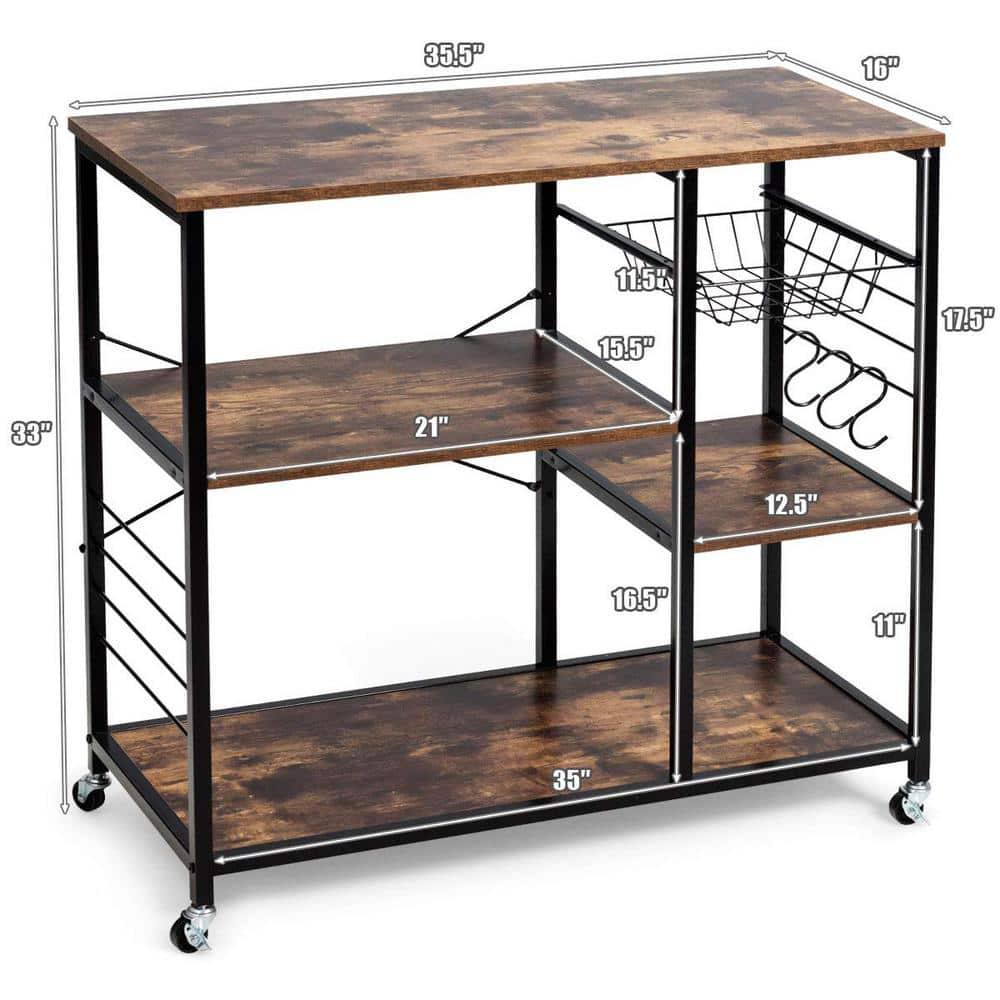 Metal Frame Brown Engineered Wood Shelf Rolling Kitchen Cart Baker's Storage Shelf