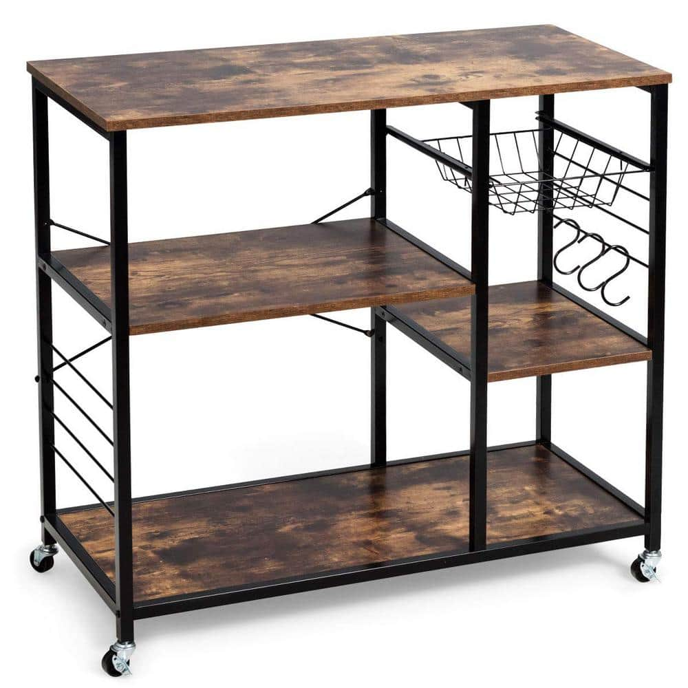 Metal Frame Brown Engineered Wood Shelf Rolling Kitchen Cart Baker's Storage Shelf