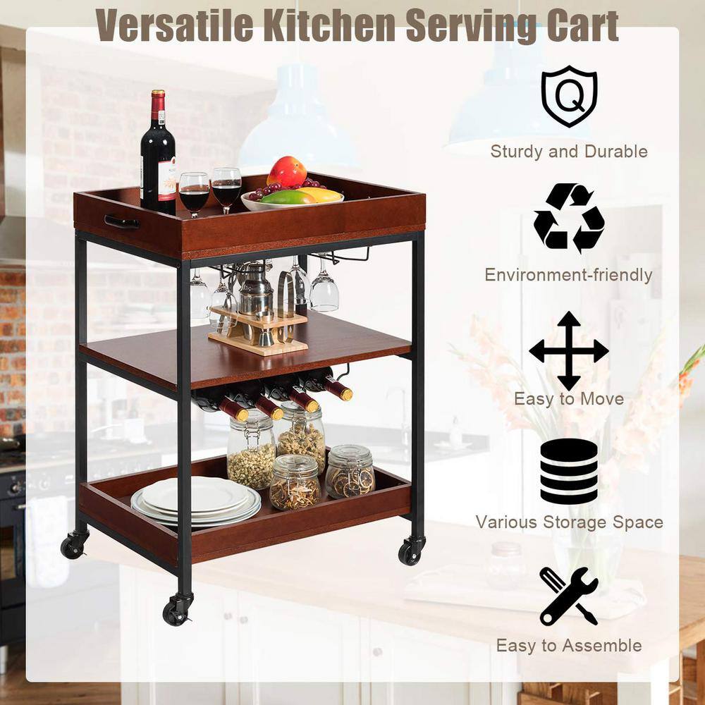 3-Tiers Brown Kitchen Island Serving Bar Cart with Glasses Holder and Wine Rack