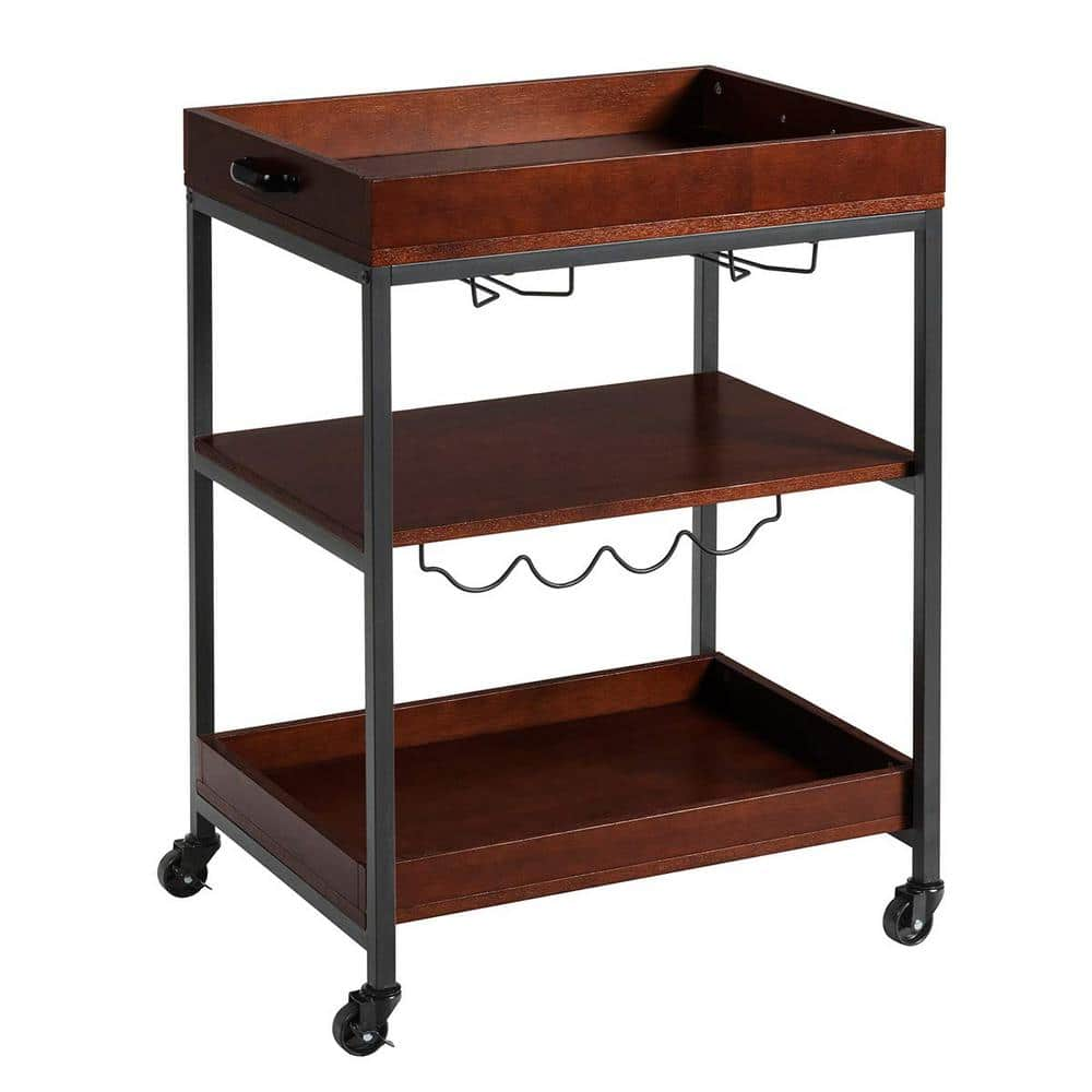 3-Tiers Brown Kitchen Island Serving Bar Cart with Glasses Holder and Wine Rack