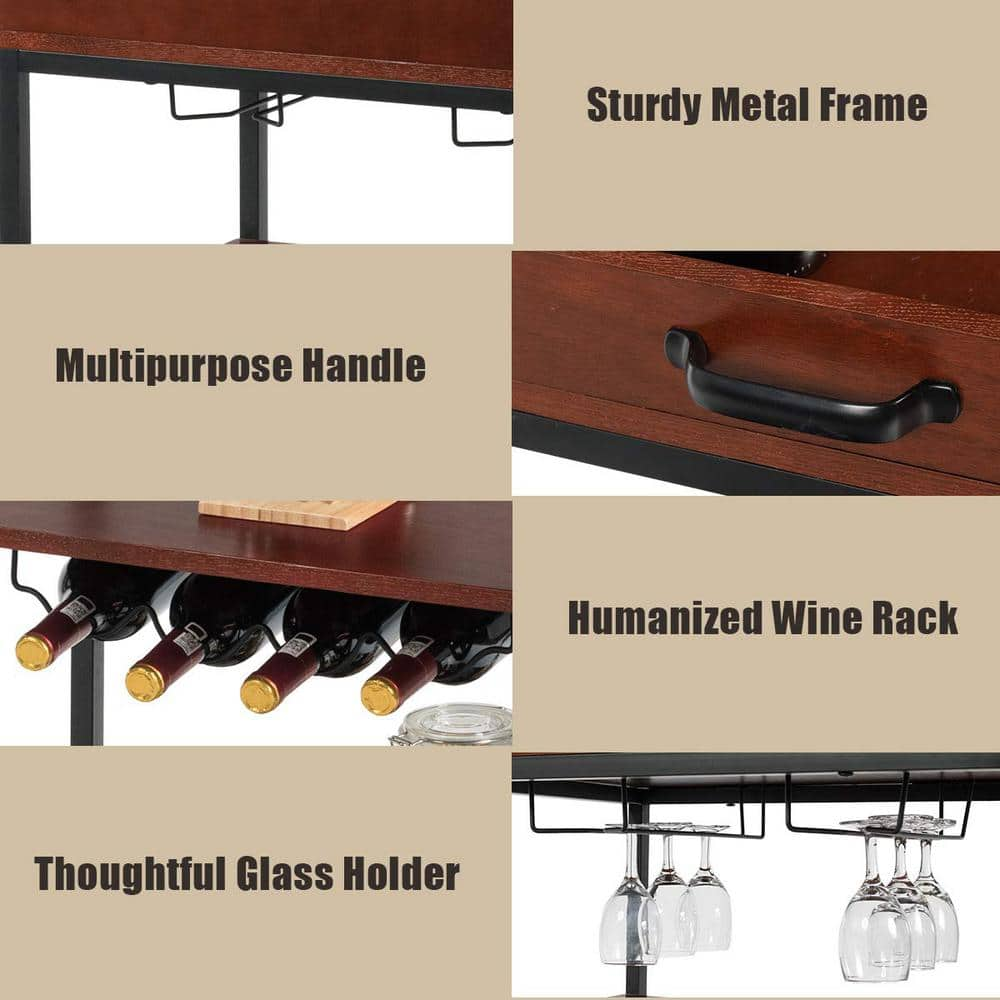 3-Tiers Brown Kitchen Island Serving Bar Cart with Glasses Holder and Wine Rack