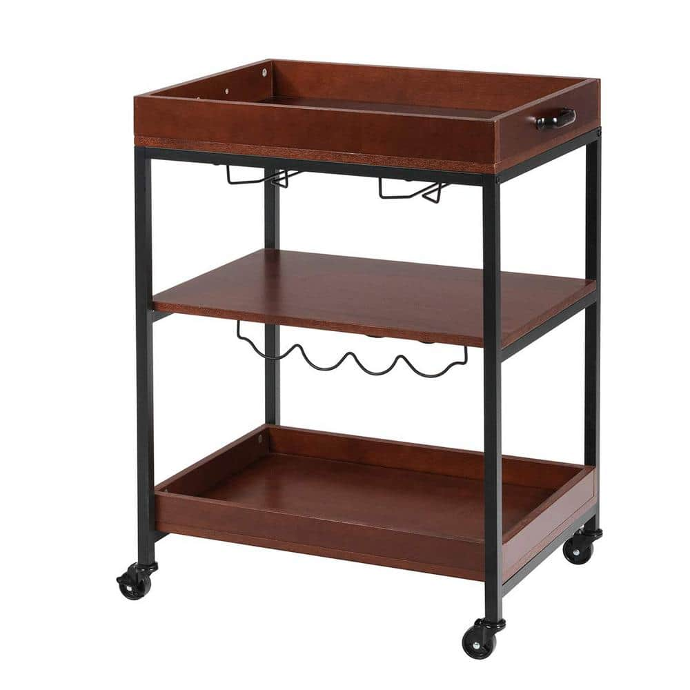 3-Tiers Brown Kitchen Island Serving Bar Cart with Glasses Holder and Wine Rack