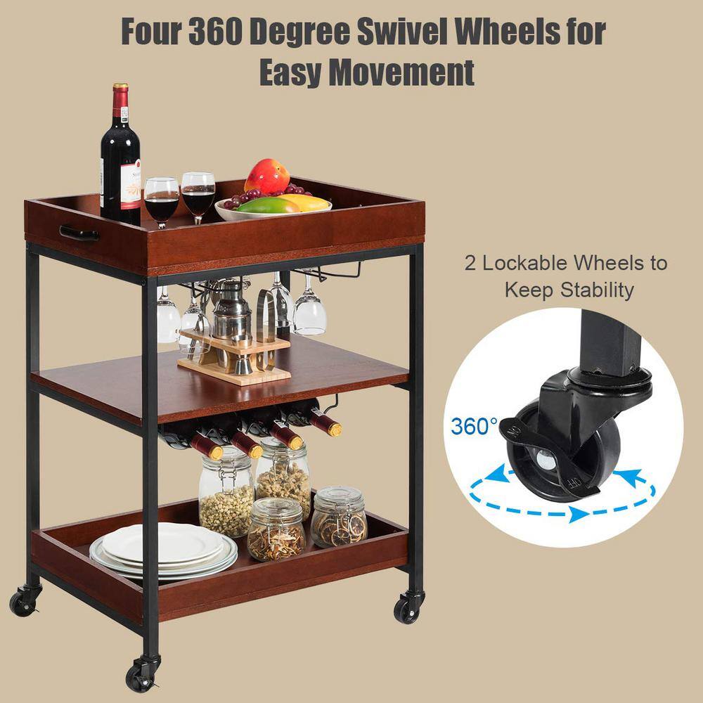 3-Tiers Brown Kitchen Island Serving Bar Cart with Glasses Holder and Wine Rack