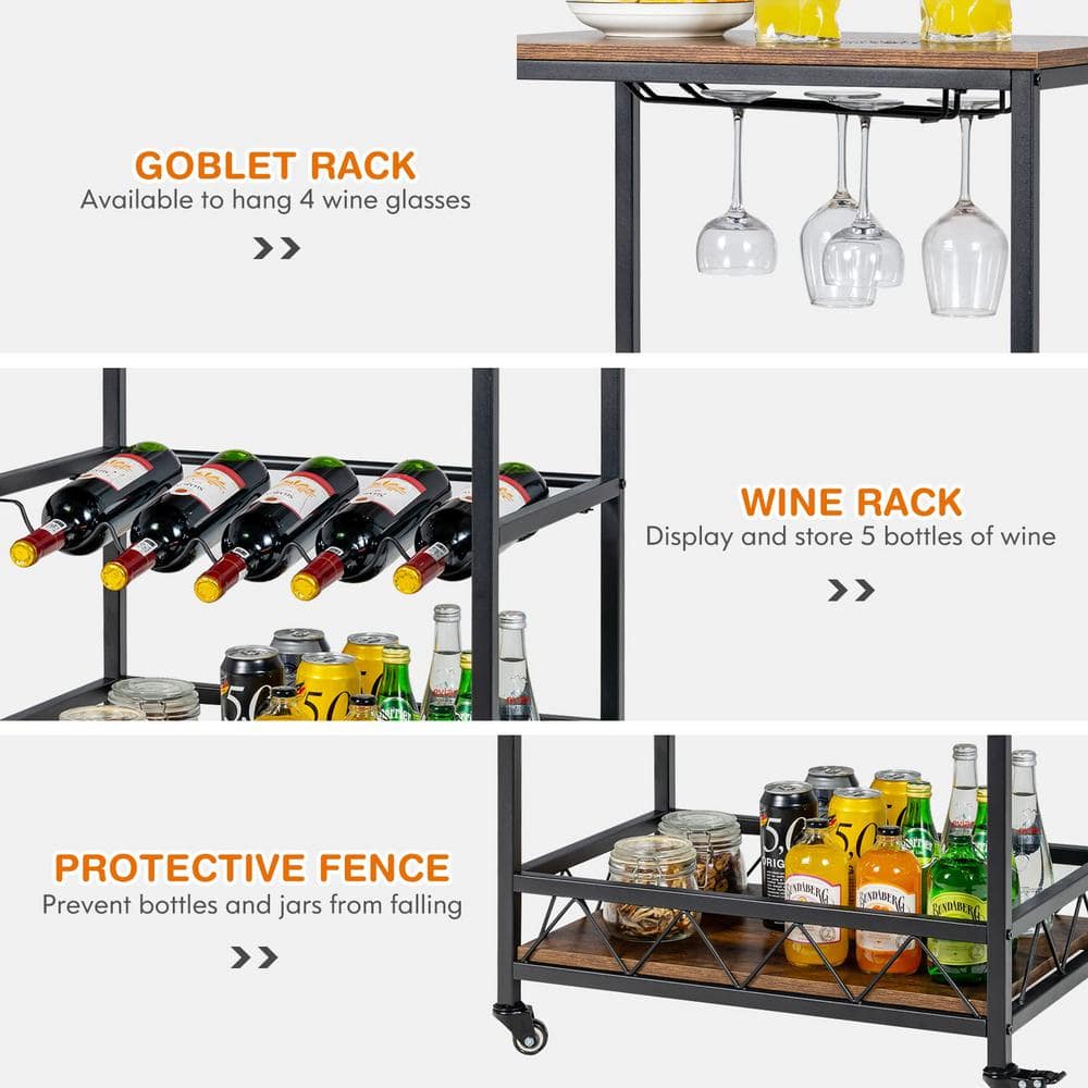 2-Tier Brown Kitchen Cart with Wine Rack Glass Holder and Locking Wheels