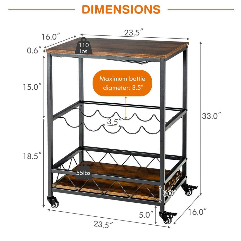 2-Tier Brown Kitchen Cart with Wine Rack Glass Holder and Locking Wheels