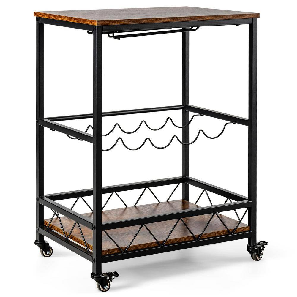 2-Tier Brown Kitchen Cart with Wine Rack Glass Holder and Locking Wheels