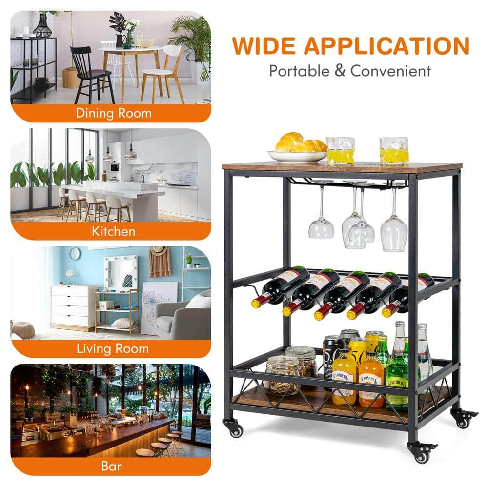 2-Tier Brown Kitchen Cart with Wine Rack Glass Holder and Locking Wheels