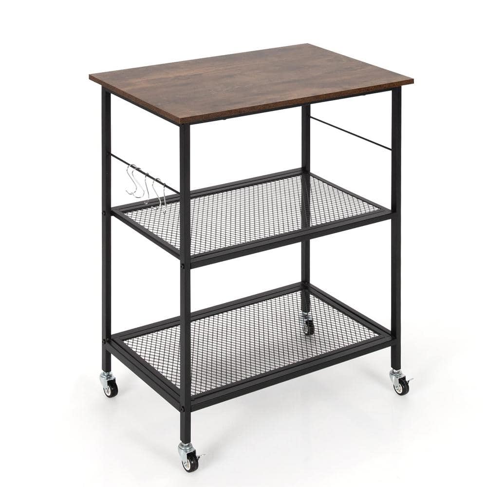 3-Tier Brown Kitchen Serving Cart Utility Standing Microwave Rack with Hooks