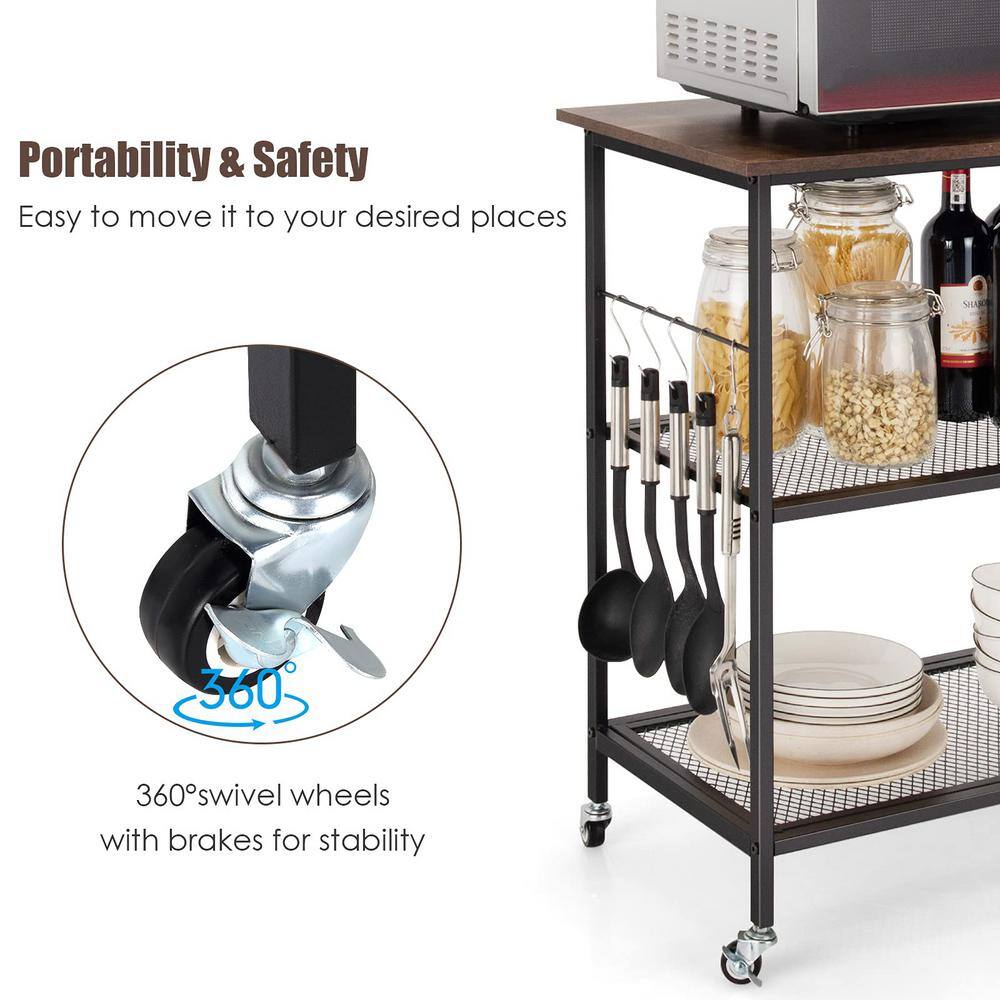 3-Tier Brown Kitchen Serving Cart Utility Standing Microwave Rack with Hooks