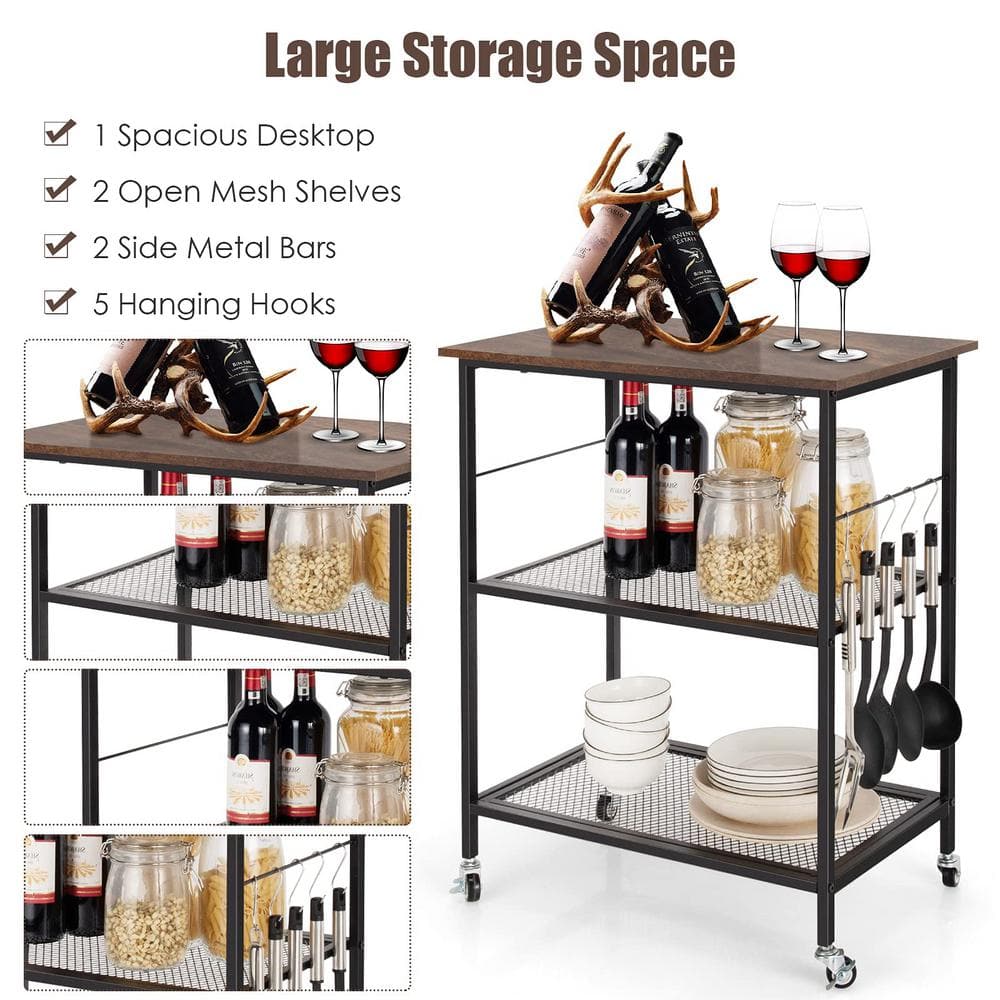 3-Tier Brown Kitchen Serving Cart Utility Standing Microwave Rack with Hooks