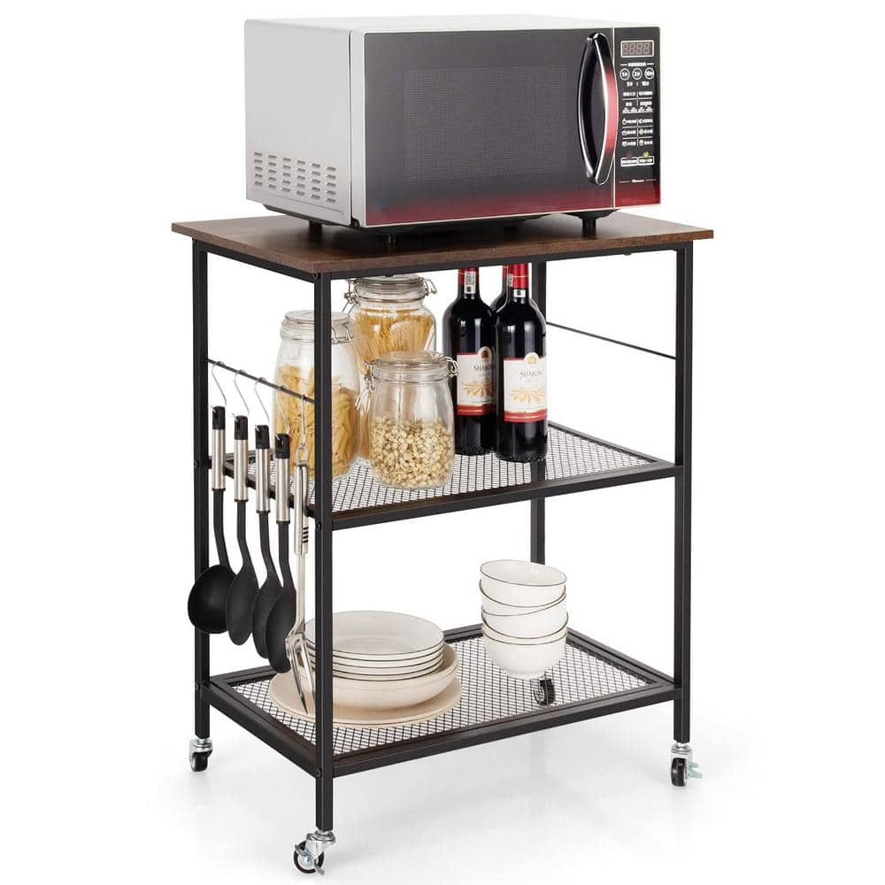 3-Tier Brown Kitchen Serving Cart Utility Standing Microwave Rack with Hooks