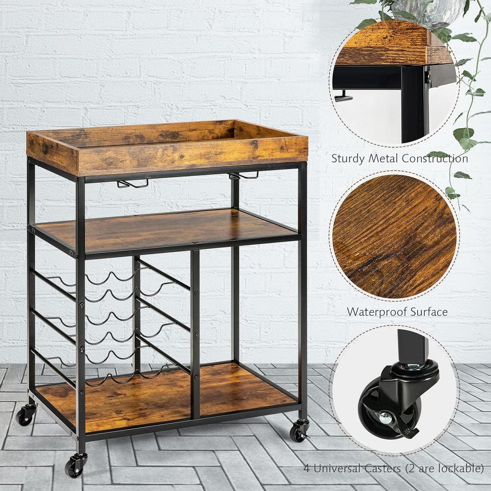 3-Tier Brown Wood Rolling Kitchen Serving Cart with Wine Rack and Locking Wheels