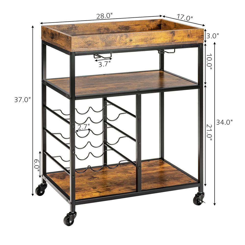 3-Tier Brown Wood Rolling Kitchen Serving Cart with Wine Rack and Locking Wheels