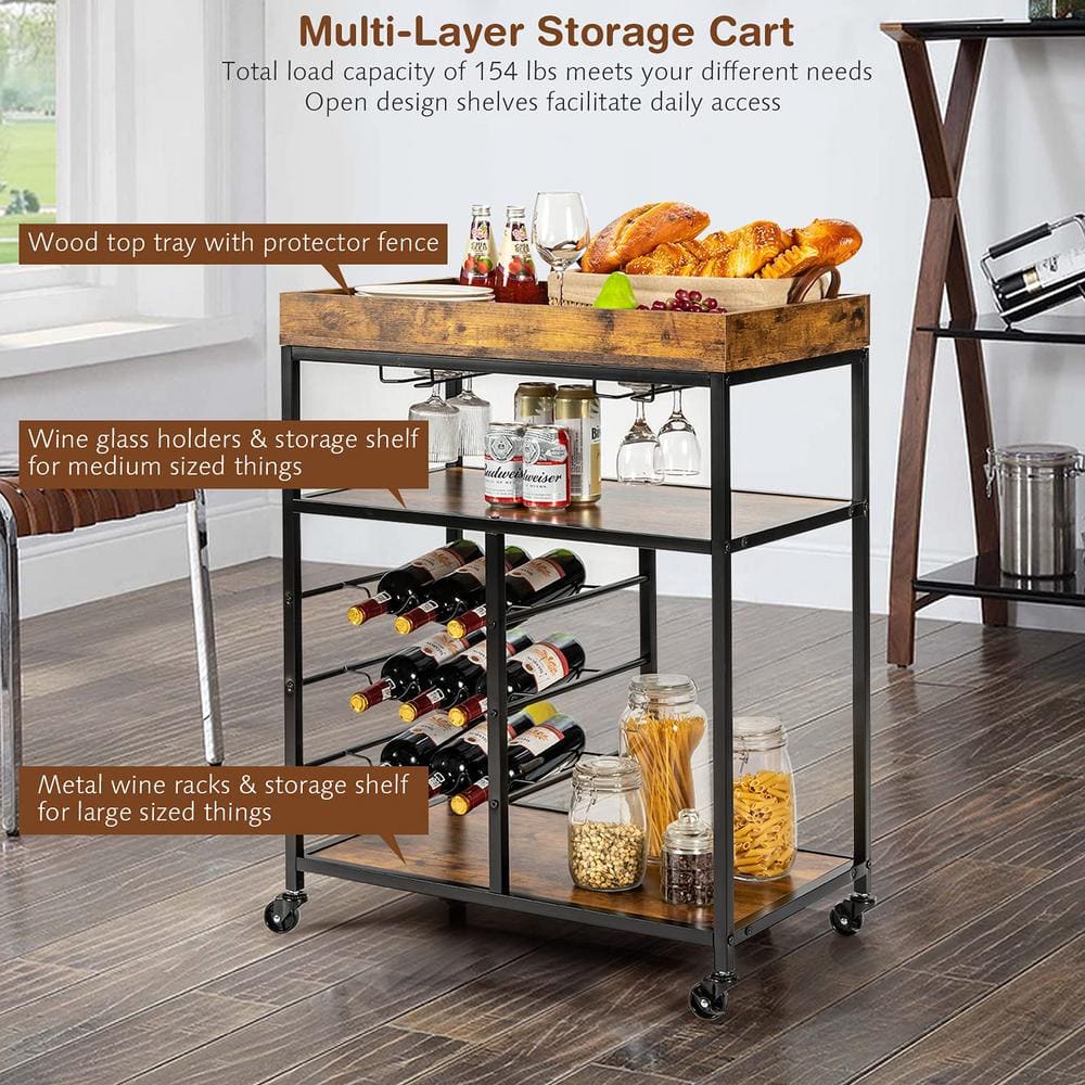 3-Tier Brown Wood Rolling Kitchen Serving Cart with Wine Rack and Locking Wheels