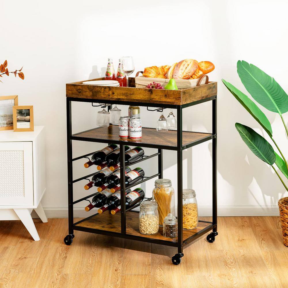 3-Tier Brown Wood Rolling Kitchen Serving Cart with Wine Rack and Locking Wheels