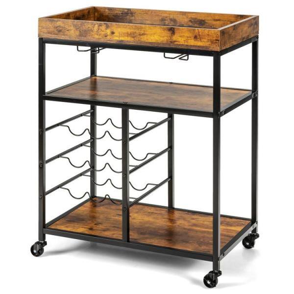 3-Tier Brown Wood Rolling Kitchen Serving Cart with Wine Rack and Locking Wheels