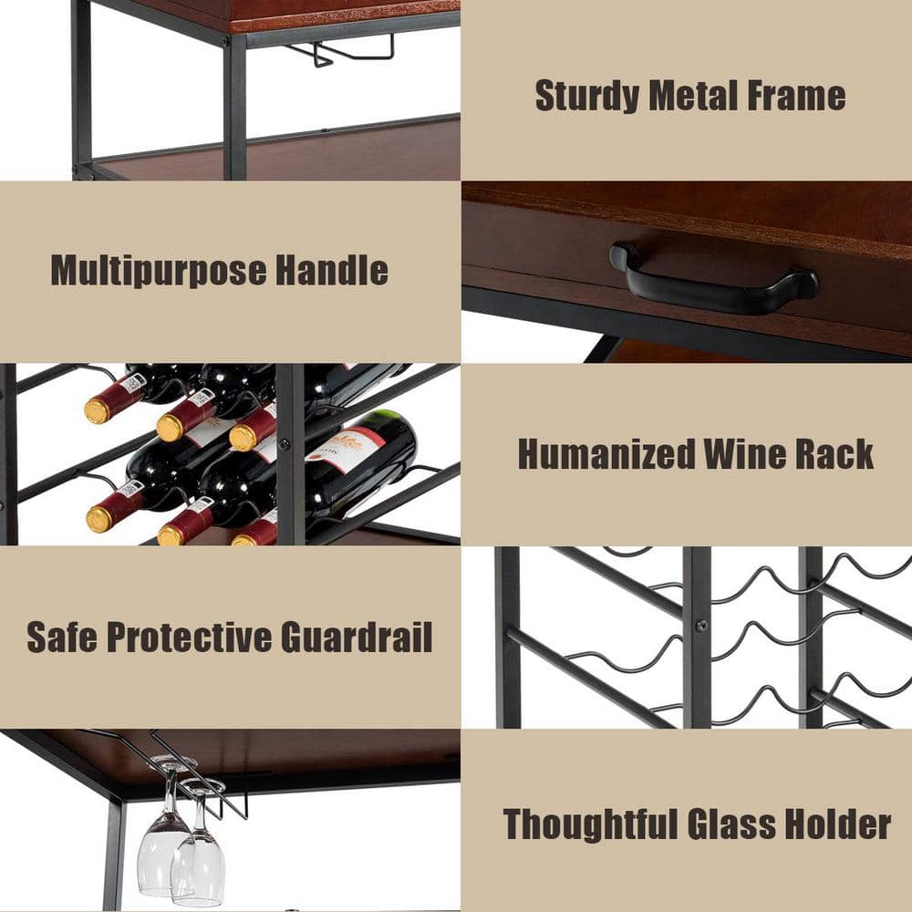 3-Tier Brown Rolling Kitchen Cart with Wine Rack