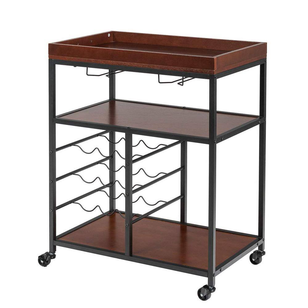 3-Tier Brown Rolling Kitchen Cart with Wine Rack