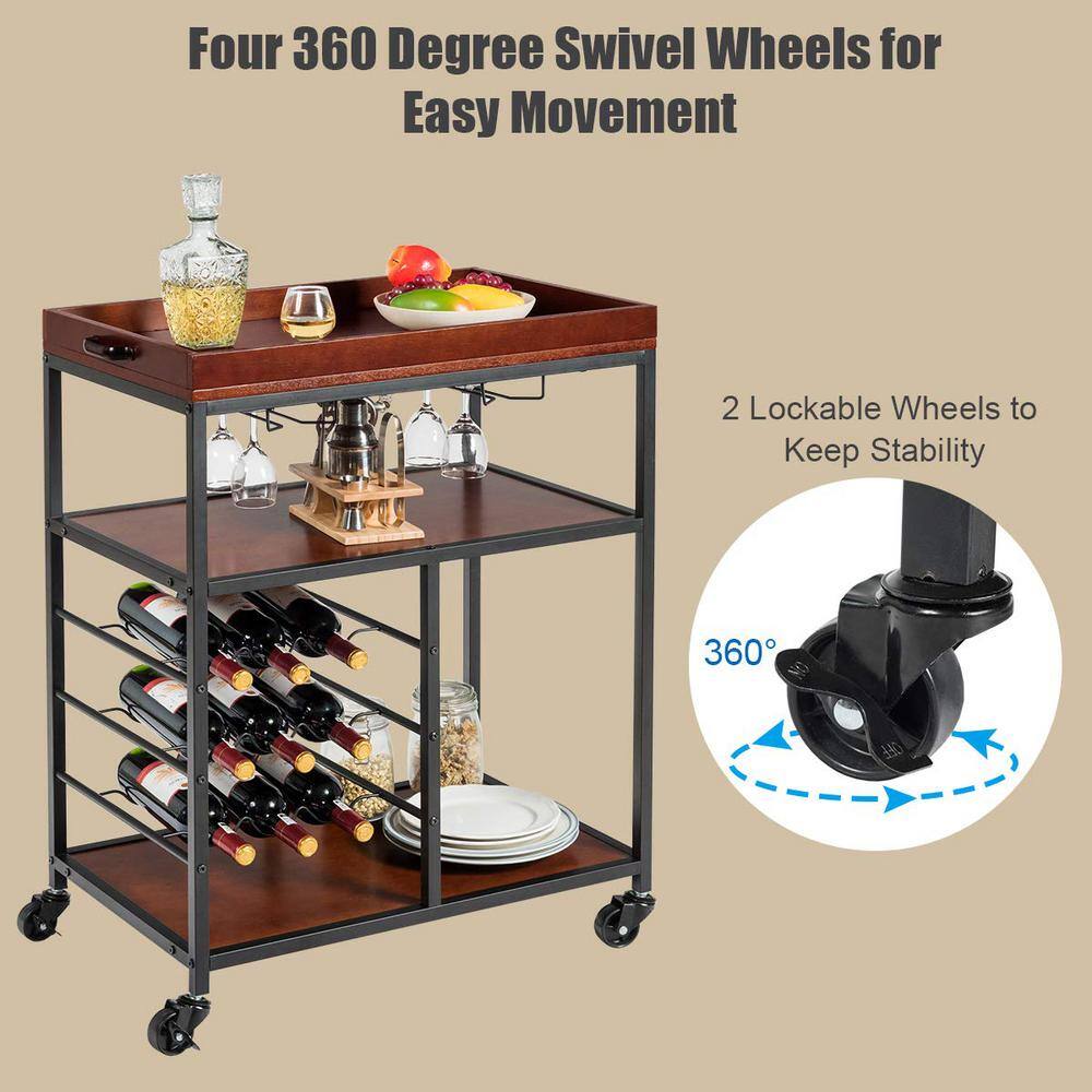 3-Tier Brown Rolling Kitchen Cart with Wine Rack