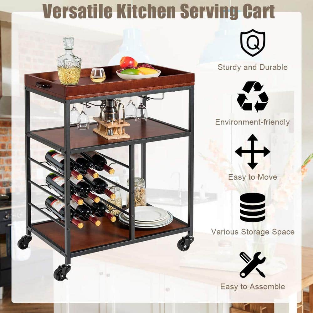 3-Tier Brown Rolling Kitchen Cart with Wine Rack