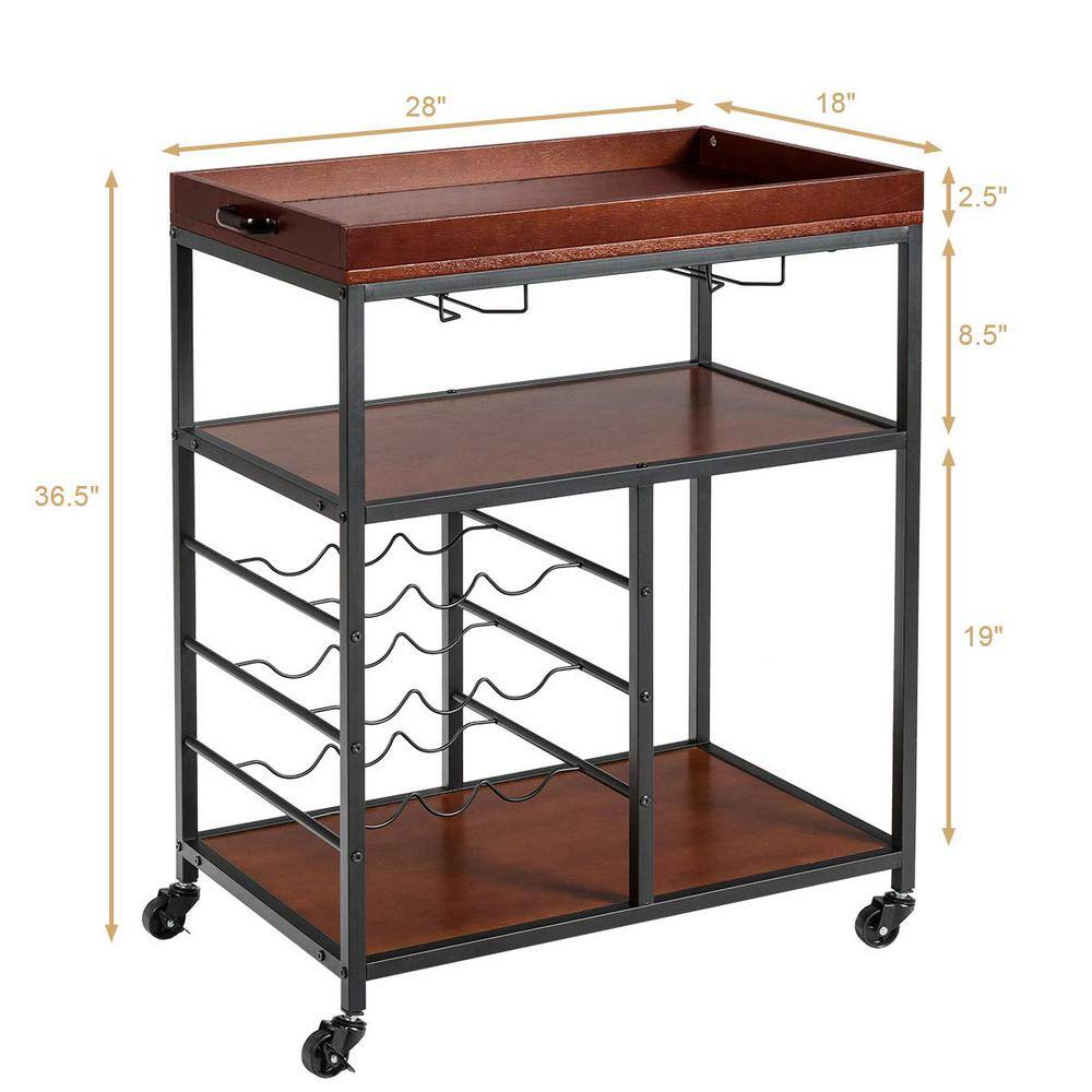 3-Tier Brown Rolling Kitchen Cart with Wine Rack