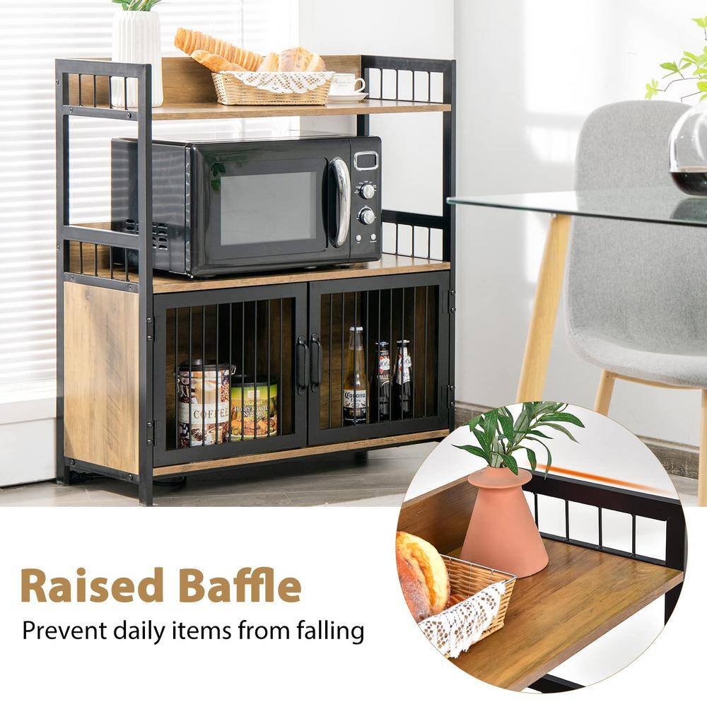 2-Tier Brown Wood 31.5 in. W Kitchen Island Kitchen Baker's Rack with Storage Cabinet