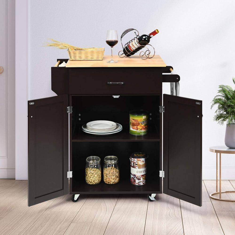 32 in. W Heavy Duty Brown Rolling Kitchen Island with Spice Rack and Adjustable Shelf