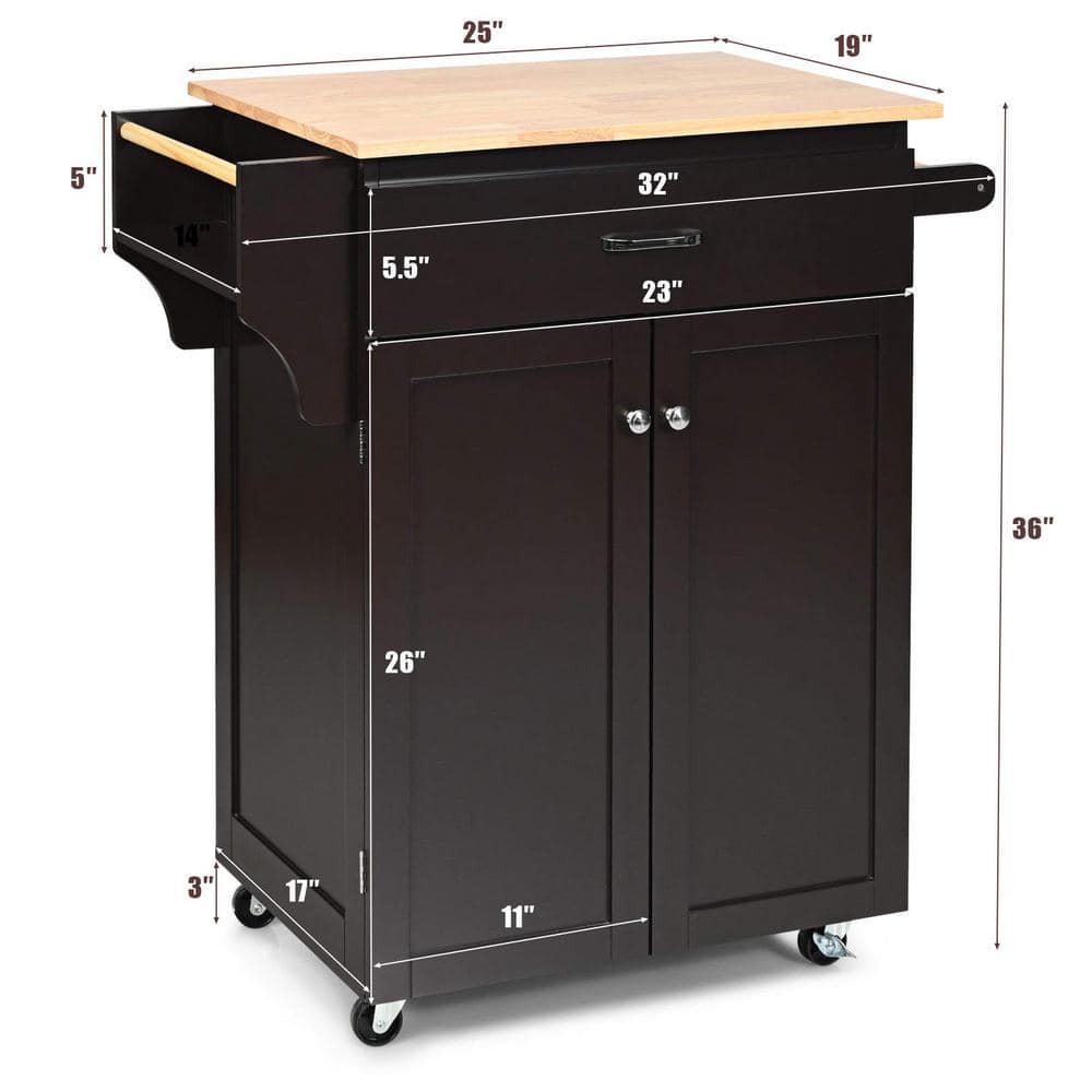 32 in. W Heavy Duty Brown Rolling Kitchen Island with Spice Rack and Adjustable Shelf