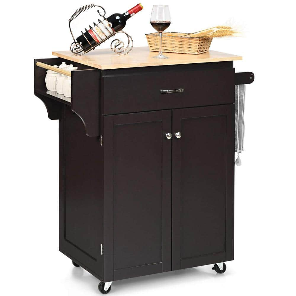 32 in. W Heavy Duty Brown Rolling Kitchen Island with Spice Rack and Adjustable Shelf