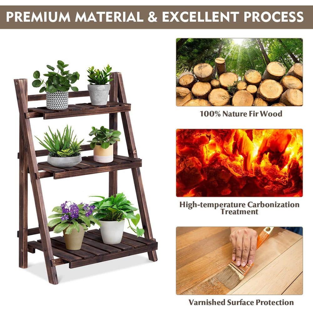 Outdoor Brown Wood Design Folding Plant Stand (3-Tier)