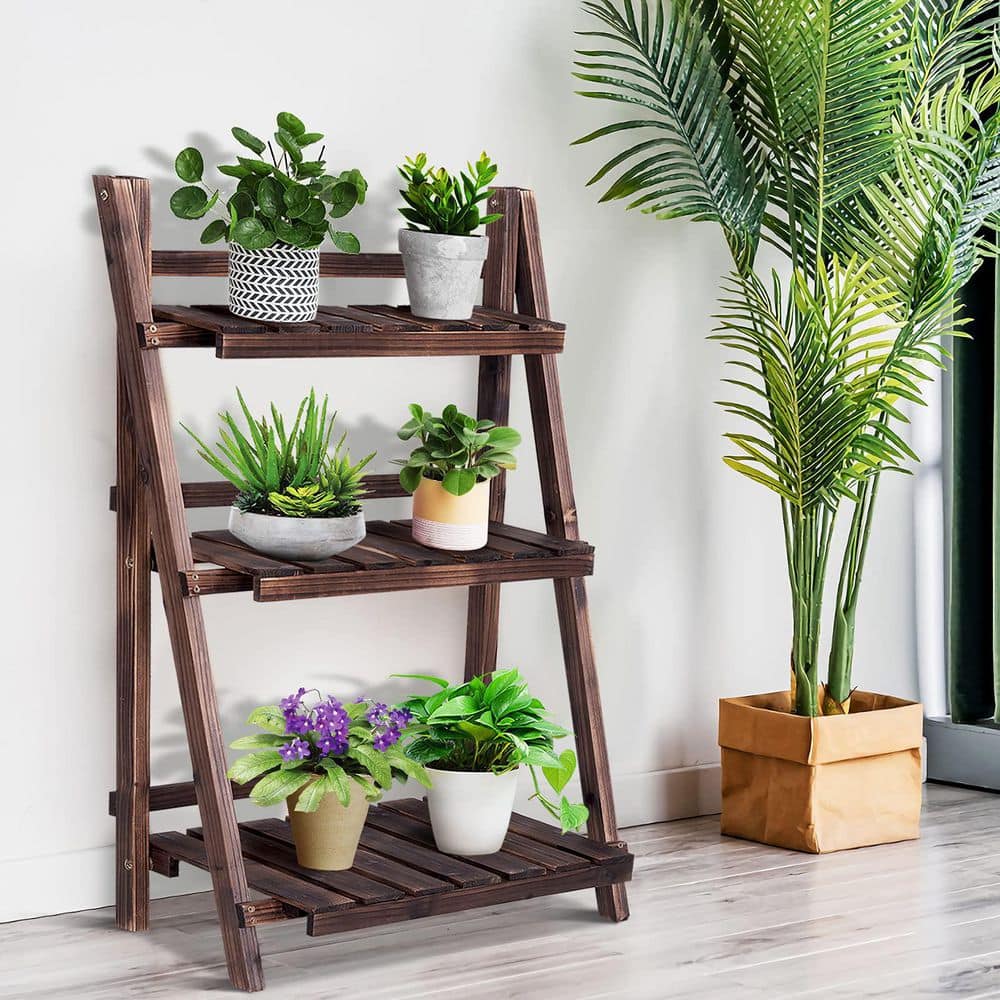 Outdoor Brown Wood Design Folding Plant Stand (3-Tier)