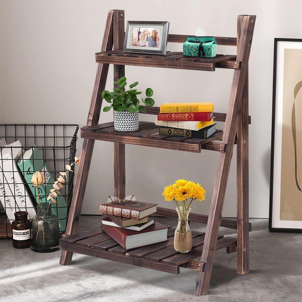 Outdoor Brown Wood Design Folding Plant Stand (3-Tier)