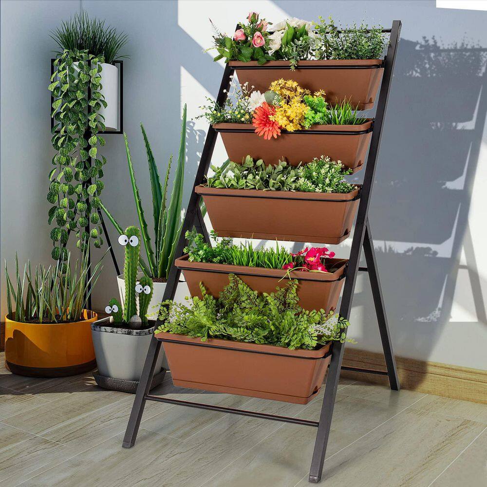 22.5 in. L x 29 in. W x 48.5 in. H 5-Tier Brown Plastic Vertical Planter Box Elevated Raised Bed