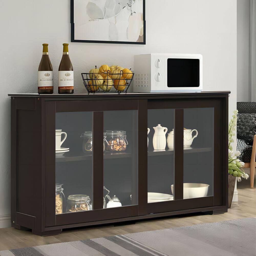 42 in. W x 24.5 in. H x 13in. D Brown Wooden Pantry Freestanding Kitchen Storage Cabinet with 2-Glass Sliding Door