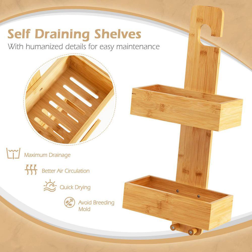 2-Tier Bamboo Storage Caddy Bathroom Shelf with 2 Hooks