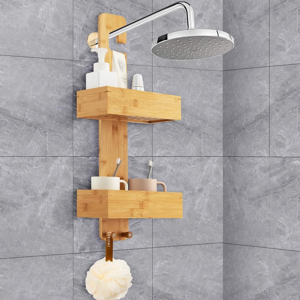 2-Tier Bamboo Storage Caddy Bathroom Shelf with 2 Hooks