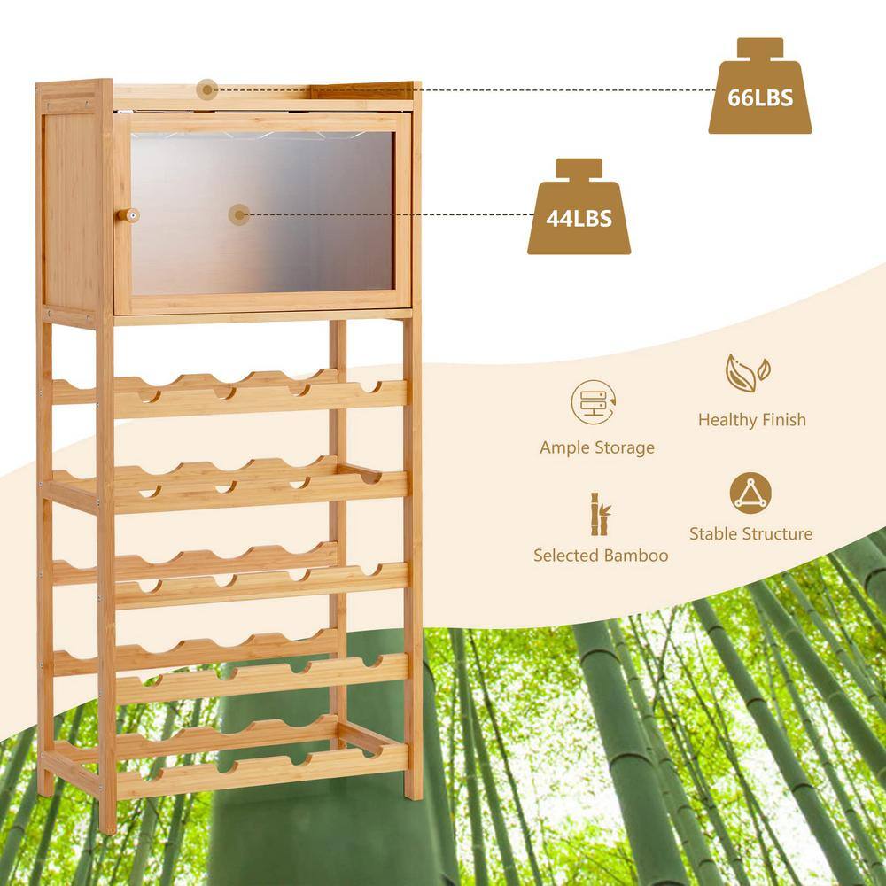 20-Bottle Yellow Freestanding Bamboo Wine Rack Cabinet with Display Shelf and Glass Hanger