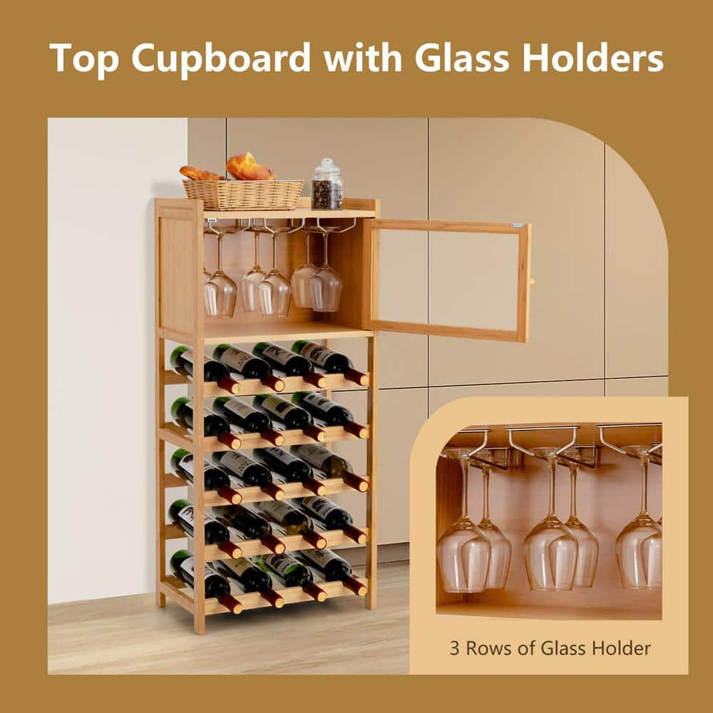 20-Bottle Yellow Freestanding Bamboo Wine Rack Cabinet with Display Shelf and Glass Hanger