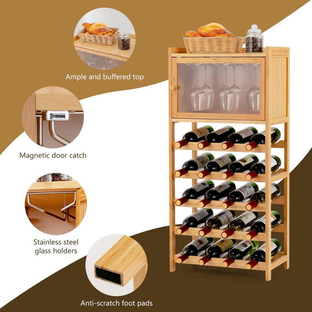 20-Bottle Yellow Freestanding Bamboo Wine Rack Cabinet with Display Shelf and Glass Hanger